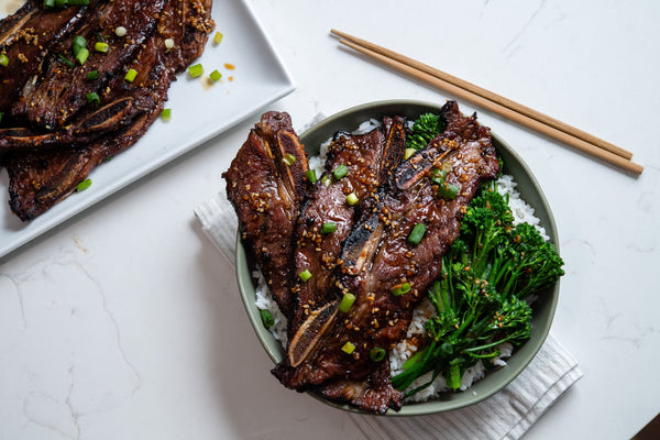American Wagyu Short Rib Kalbi with Steamed Rice and Broccoli